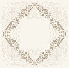 Invitation, anniversary card with label for your personalized text in shades of subtle off-whites and beige with a delicate floral pattern and frame in the background. 