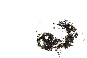 Creature made from black tea leaf on white background