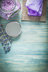 Obraz na płótnie Canvas Composition of handmade soap lavender scented bath sea salt jar 