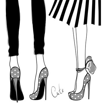 Vector girls in high heels. Fashion illustration. Female legs in shoes. Cute design. Trendy picture in vogue style. Fashionable women. Stylish ladies.