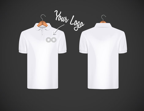 Men's slim-fitting short sleeve polo shirt with logo for advertising. White polo shirt with wooden hanger isolated mock-up design template for branding.