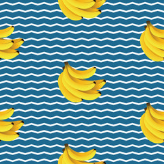 Bunch of bananas on chevron background. Seamless pattern. Vector background.
