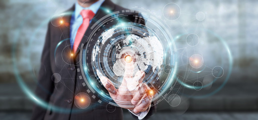 Businessman using hologram screen with digital data