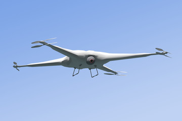White drone flying over blue sky background - 3D rendered image