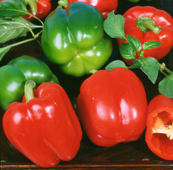 Fresh sweet red and green bell peppers