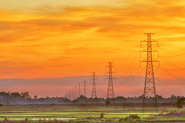 Landscape of HDR electric pole at sunset twilight