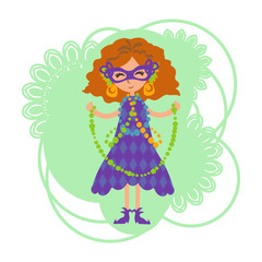 The girl in a mask with beads on Mardi gras celebration. Mask with feathers and gold earrings. Fancy-dress ball