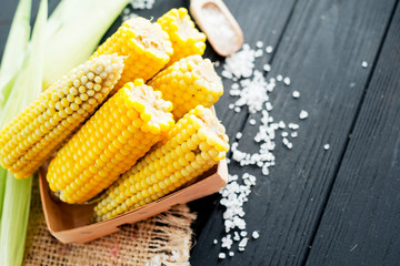
ripe boiled corn with coarse salt on a contrasting wooden background