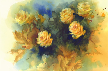 Fototapeta na wymiar Yellow roses still-life watercolor