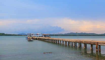 Fototapeta na wymiar Concrete pier in Chanthaburi bay at sunset, Thailand