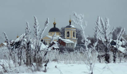 Obraz premium winter landscape with snow-covered church and wildflowers