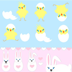 Set of easter bunny, chick hatched