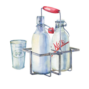 Vintage farmhouse kitchen metal holder rack with bottles of milk and glass of milk. Hand drawn watercolor painting on white background.