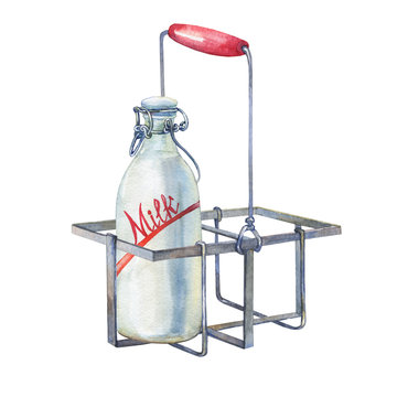 Vintage farmhouse kitchen metal holder rack with bottles of milk. Hand drawn watercolor painting on white background.