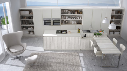 Modern white kitchen with wooden details, big window with sea or lake panorama, top view
