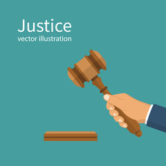 Justice. Hand holding judges gavel. Vector illustration flat style design. Isolated on background. Symbol of law. Businessman in a suit holds an auction.