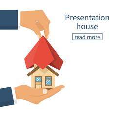 Fototapeta na wymiar Presentation home. House hold in hand covered red silk cloth. Opening construction concept. Vector illustration flat design. Isolated white background. Estate transaction. Show new build house.