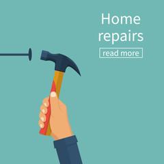 Home repairs concept. Vector illustration flat design. Isolated on background. Man hammers a nail into a wall. Renovation house. Template construction work. Holding a hammer in hand.