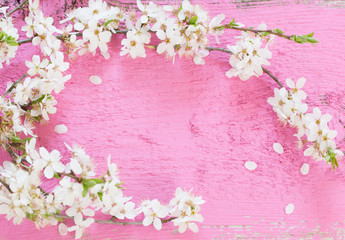 white spring flowers on pink wooden background