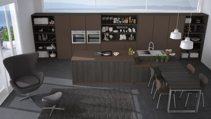 Modern gray and brown kitchen with wooden details, big window with sea or lake panorama, top view