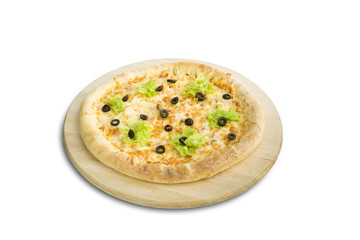 pizza on wooden cutting board isolated on white background
