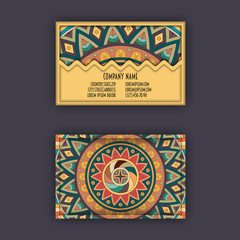 Vector Business card Design Template with Ornamental geometric mandala pattern. Vintage decorative elements. Hand drawn tile background.