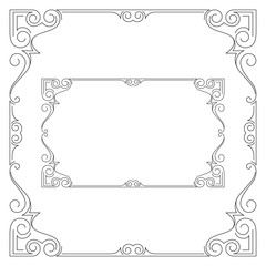 Ornate black frames, square and rectangular. 
