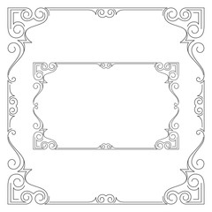 Ornate black frames, square and rectangular. 