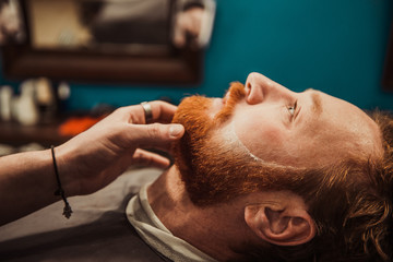 Obraz na płótnie Canvas Professional Master hairdresser cuts client beard.