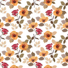 Seamless pattern with summer flowers poppies, red flowering branch and leaves.