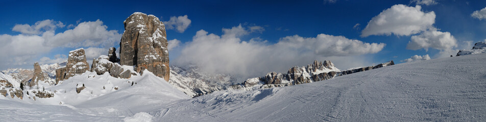 Cinque Torri Dolomites Group near Cortina d'Ampezzo, snow Panorama Italian Dolomites landscape, Veneto, Italy