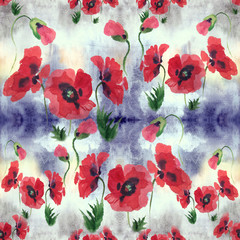 Poppies - flowers, leaves and buds. Drawing on rice paper. Seamless pattern. Perfumery and cosmetic plants. Wallpaper. Use printed materials, signs, posters, postcards, packaging. Watercolor.