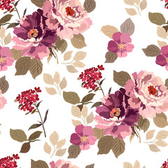 Seamless pattern with flowers roses, flowering branches, leaves on a white background.