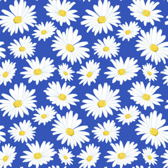 Seamless pattern with white daisies on a blue background.