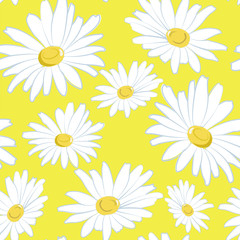 Fototapeta premium Seamless pattern with white daisies on a yellow background.