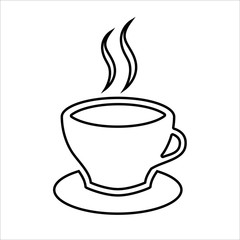  Cup of coffee or tea line icon. Hot beverage mug on saucer and smoke. Vector Illustration