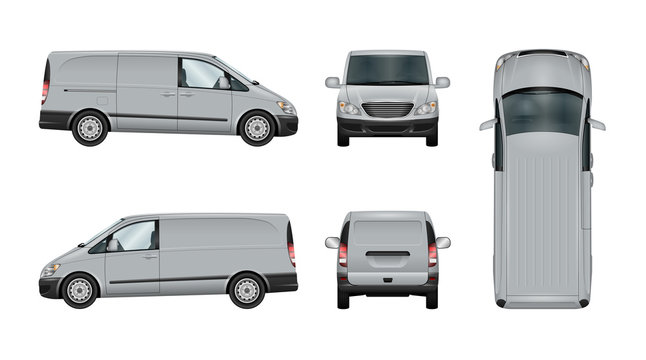 Van vector template. Isolated delivery car on white. The ability to easily change the color.
View from side, back, front and top. All sides in groups on separate layers.
