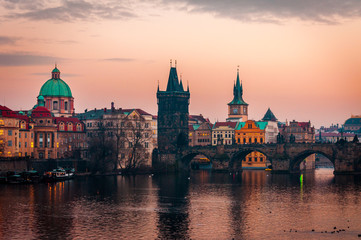 Fototapeta na wymiar The City of Prague, River Vltava and the Charles Bridge.