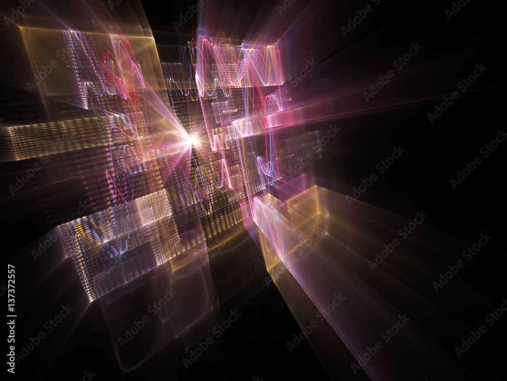Poster abstract background element. three-dimensional composition of wave shapes, grids and beams. electron
