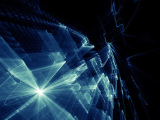 Abstract background element. Three-dimensional composition of wave shapes, grids and beams. Electronics and media concept. Blue and black colors.
