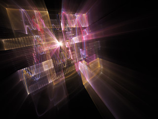 Abstract background element. Three-dimensional composition of wave shapes, grids and beams. Electronics and media concept. Blue, red and yellow colors on black.