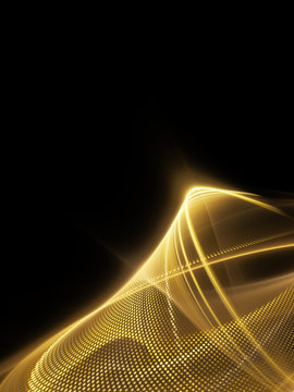 Abstract background element. Fractal graphics series. Three-dimensional composition of glowing lines and halftone effects. Information and energy concept. Golden yellow on black.