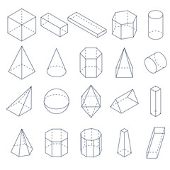 A set of 3D geometric shapes. Isometric views.