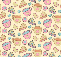 Cute morning vector seamless pattern with cake, heart, cup. Breakfast, lunch background.