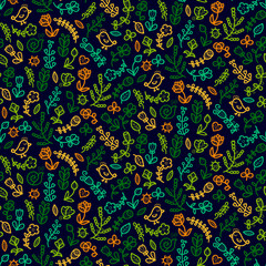 Spring seamless pattern in vector with flower, bird, snail, butterfly, ladybug, leaf, heart. Floral background.