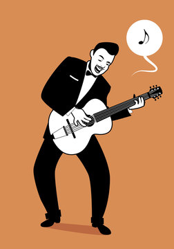 Retro cartoon music. Guitar player playing a song. Musical note