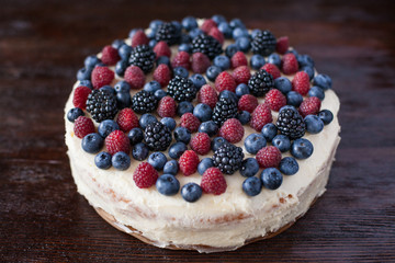 Pie with fresh berries. Raspberries blackberries blueberries.
