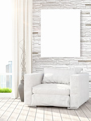 Modern interior with empty frame . 3D rendering