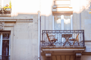 Beautiful european houses and balcony view in Paris, France. View to the city from Montmartre