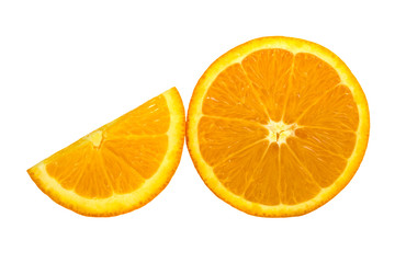 Half and slice of orange isolated on white background.